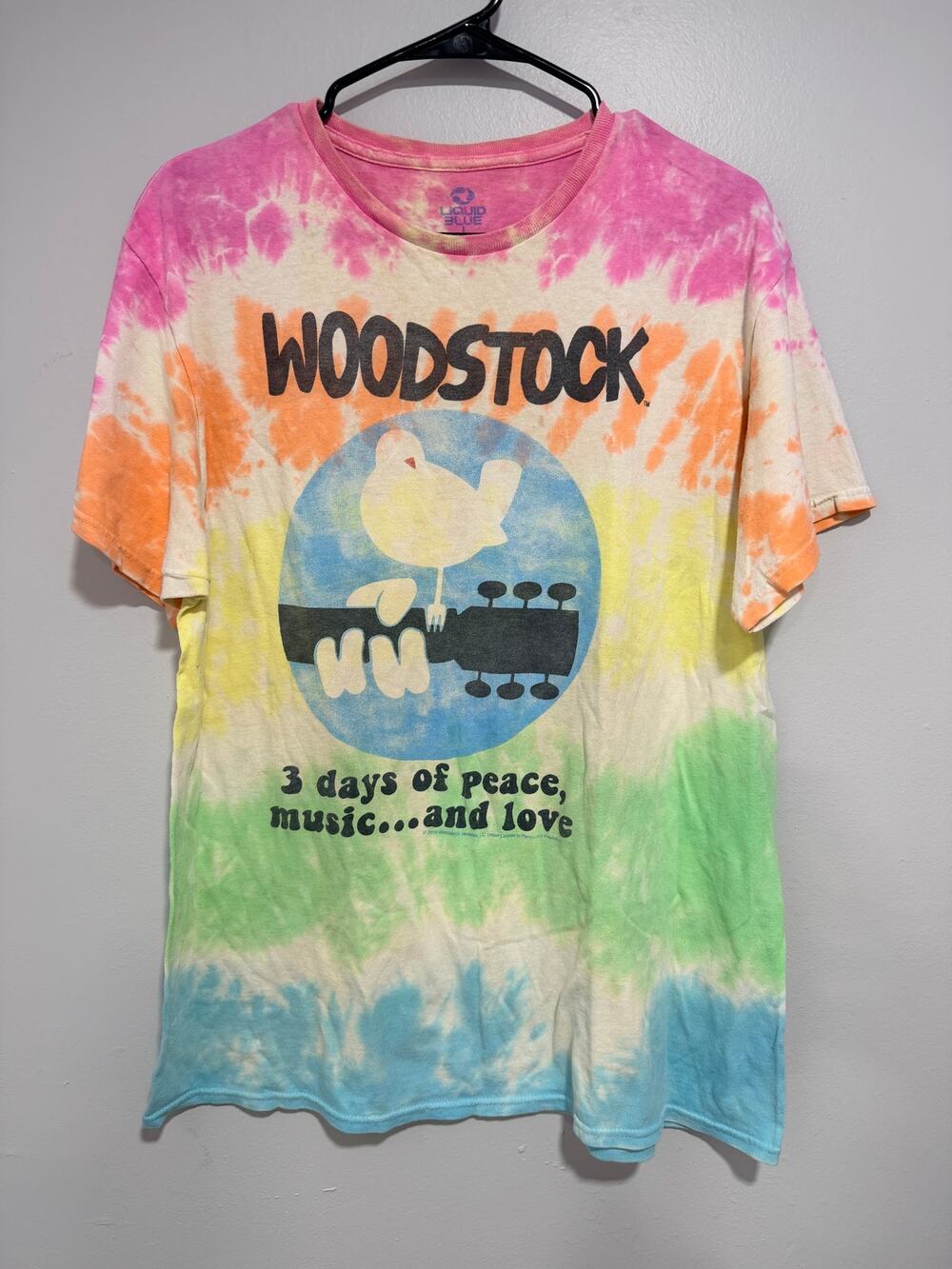 Woodstock Tie Dye Shirt Adult Large L Liquid Blue Band Tee Music Festival 1969